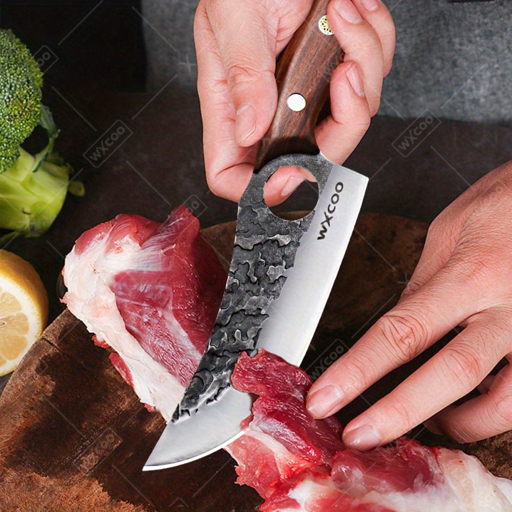 Viking Chef Knife Set 3/4pcs Hammered Stainless Steel Kitchen Knives – Boning, Utility & BBQ Knife with Wooden Handle for Cooking