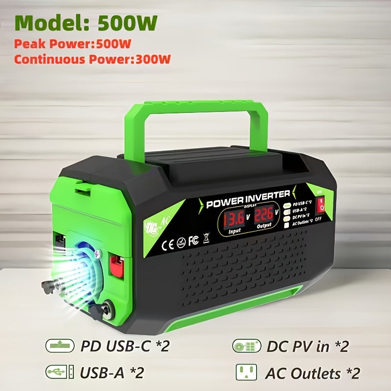 Portable 12V DC to 110V AC Power Inverter with 400W to 1000W Model Labels, Display and Carry Handle