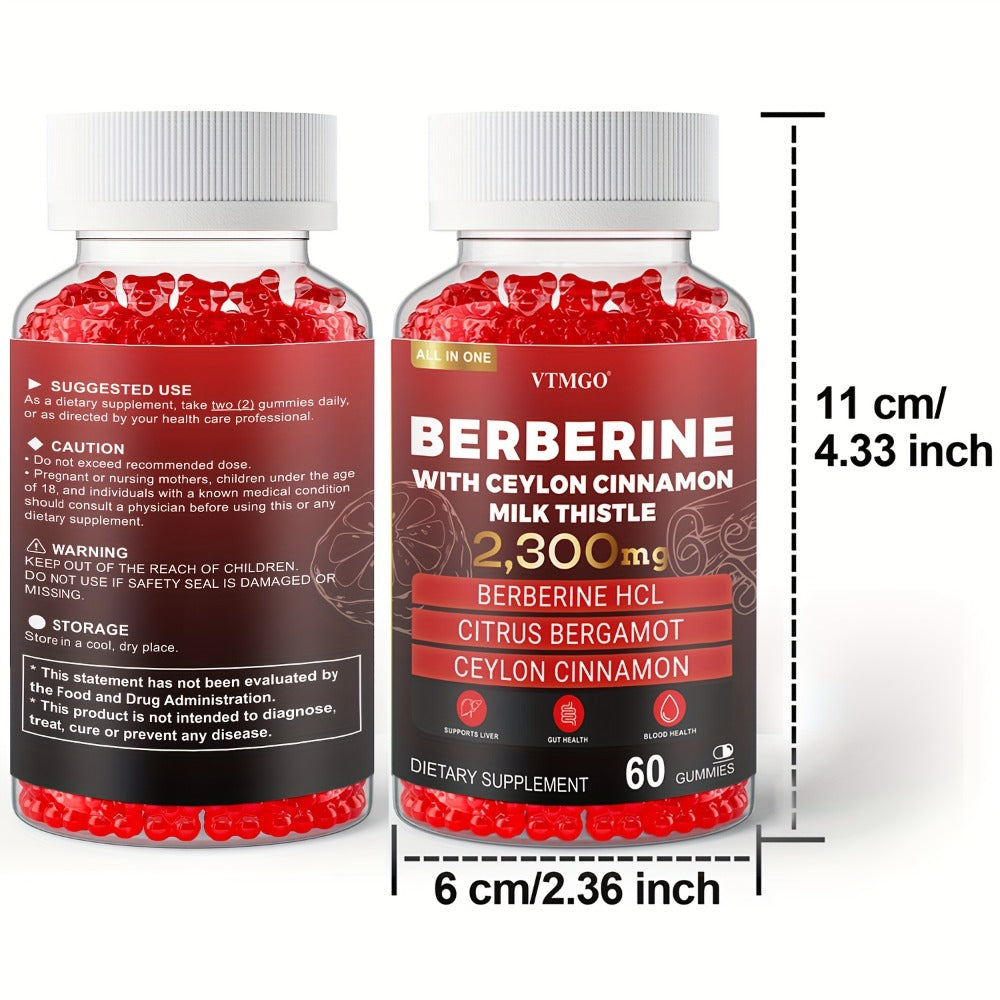 Berberine HCL Gummies 2300mg 60ct with Ceylon Cinnamon, Milk Thistle & Turmeric for Blood Sugar Balance