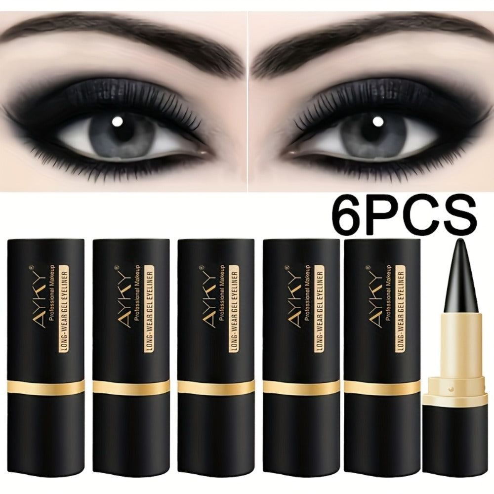 Compact Six-Piece Black Cone-Tip Eyeliner Pen Set with Six Matching Sticks in Black and Gold Cases