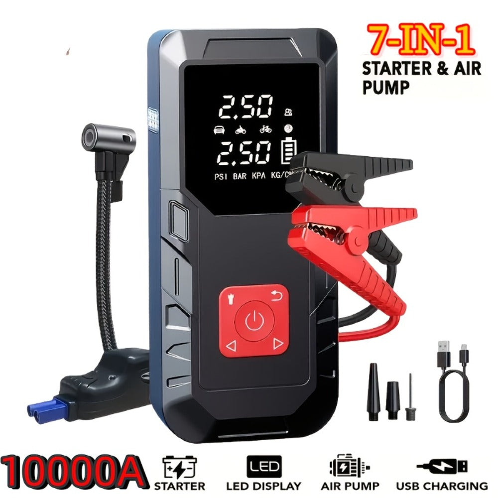 Portable Car Jump Starter 10000A – 9-in-1 Battery Booster with 350PSI Tire Inflator, LED Light, USB-C Fast Charging