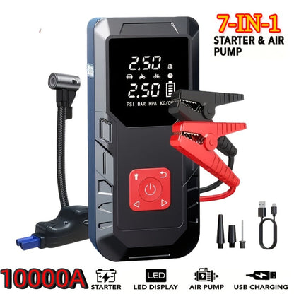 Portable Car Jump Starter 10000A – 9-in-1 Battery Booster with 350PSI Tire Inflator, LED Light, USB-C Fast Charging
