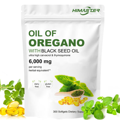 Herbal Supplements with HIMASTER Label, Oregano Oil 6000mg and Black Seed Oil 200mg, 300 Softgels