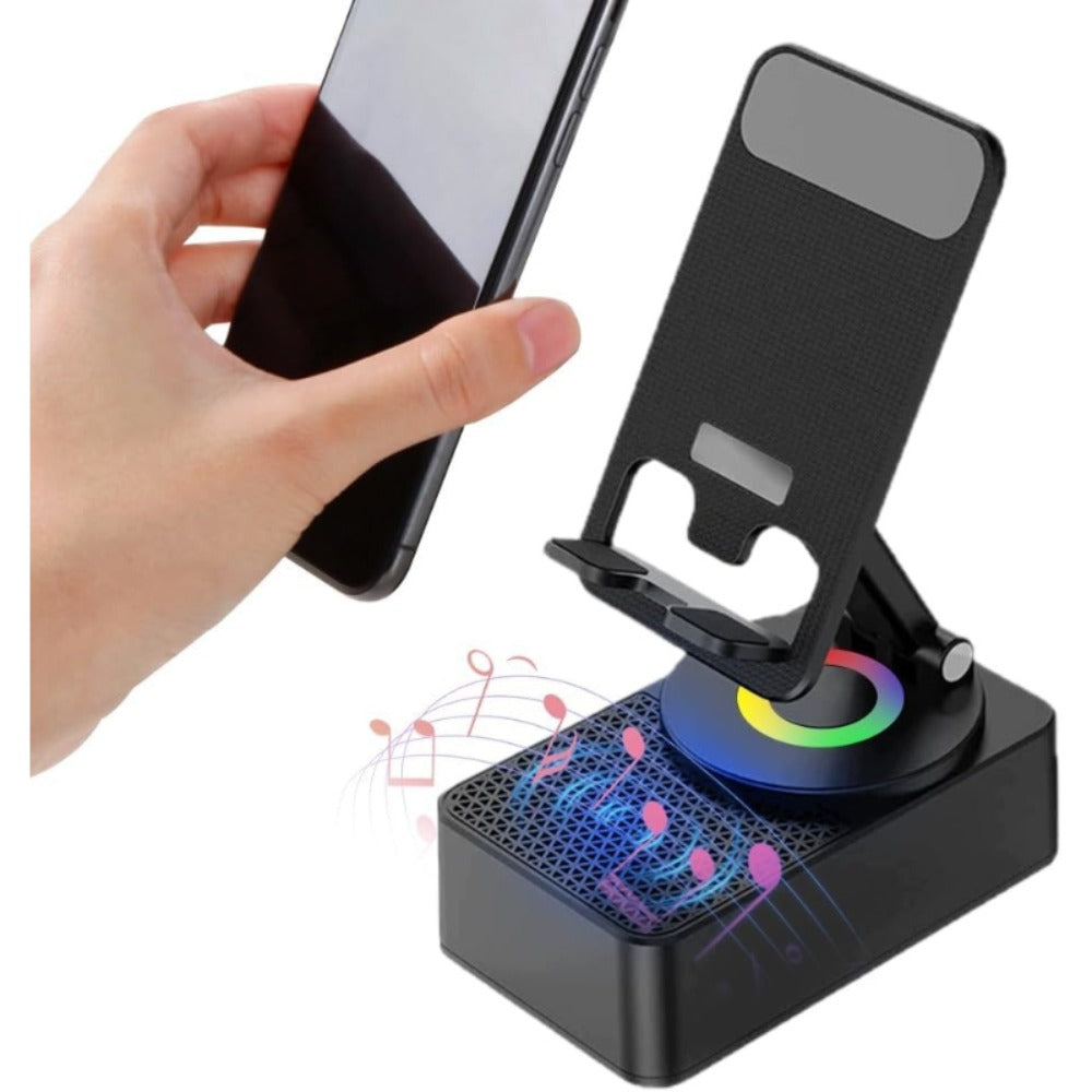 Induction Wireless Speaker Phone Holder Stand 3-in-1, Foldable Tabletop Mount with Stereo Bass Amplifier