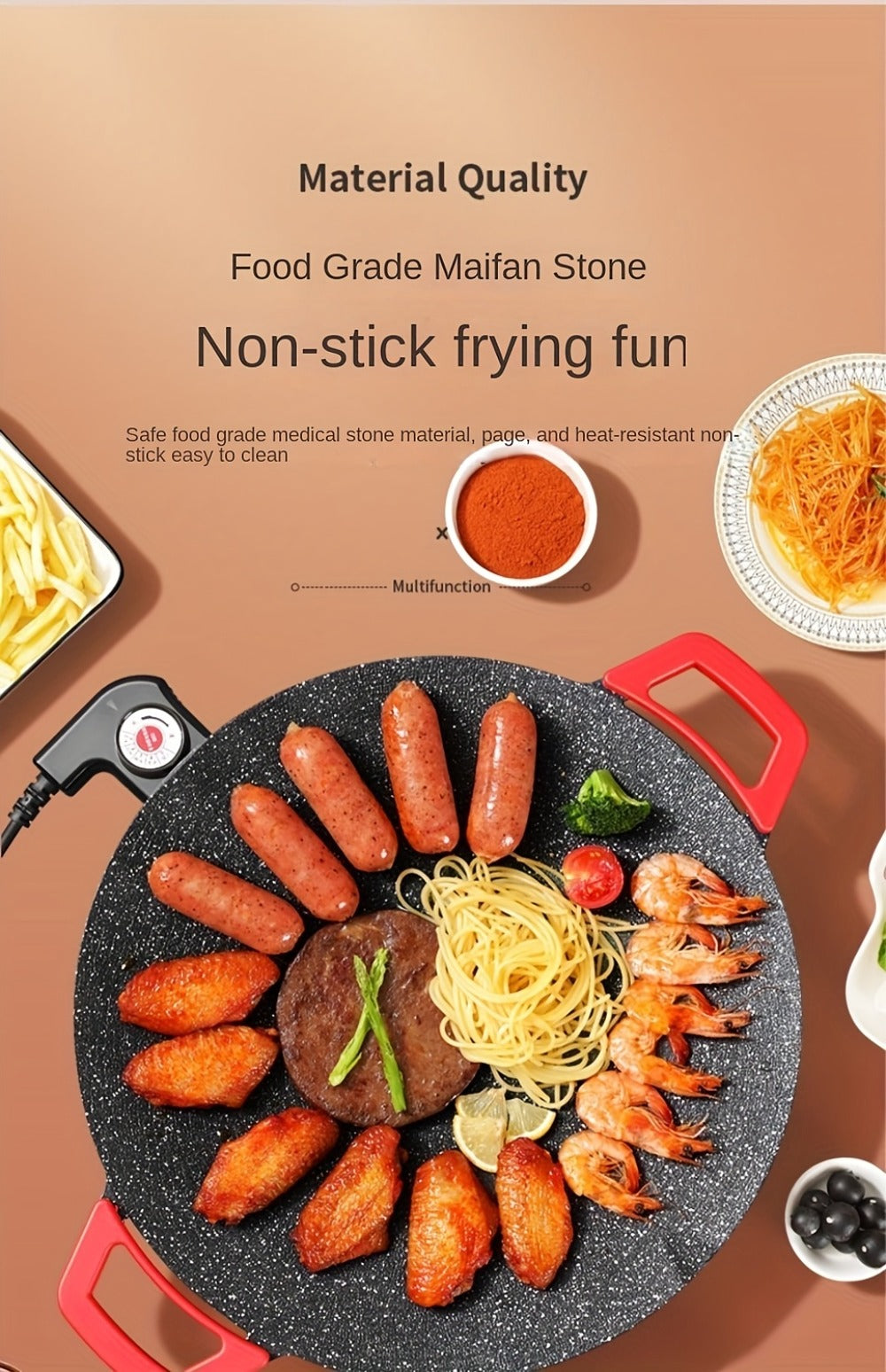 Korean BBQ Grill Pan, Round Non-Stick Multi-Functional Electric Grill Pan with Red Handle & Adjustable Settings