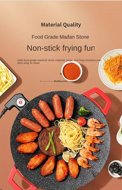Korean BBQ Grill Pan, Round Non-Stick Multi-Functional Electric Grill Pan with Red Handle & Adjustable Settings