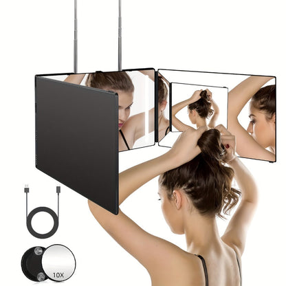 Hair Cutting Mirror 3 Way with LED Light – 360° View Trifold Barber Mirror, Adjustable Height, Door Hang Wall Mount or Tabletop