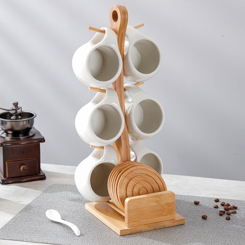 Ceramic Coffee Cup Set of 6 with Wooden Coasters & Cup Holder, 200ml Latte Cappuccino Espresso Tea Mugs