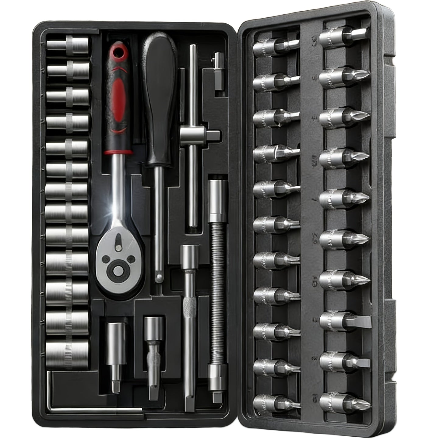 Torx Star Bit Socket Set 34/46-Piece – 3/8" Drive CR-V E-Socket E4-E20, T10-T60, Tamper-Proof TT10-TT55, S2 Steel, 5/16"F to 3/8"M Adapter
