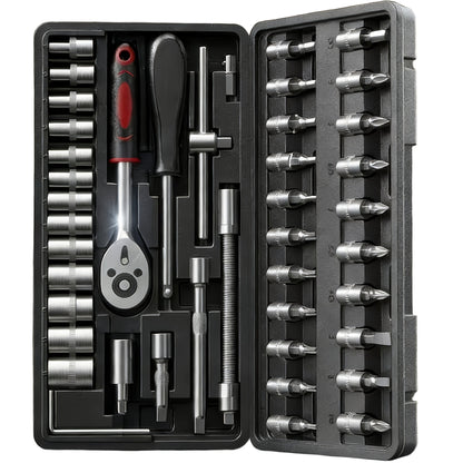 Torx Star Bit Socket Set 34/46-Piece – 3/8" Drive CR-V E-Socket E4-E20, T10-T60, Tamper-Proof TT10-TT55, S2 Steel, 5/16"F to 3/8"M Adapter
