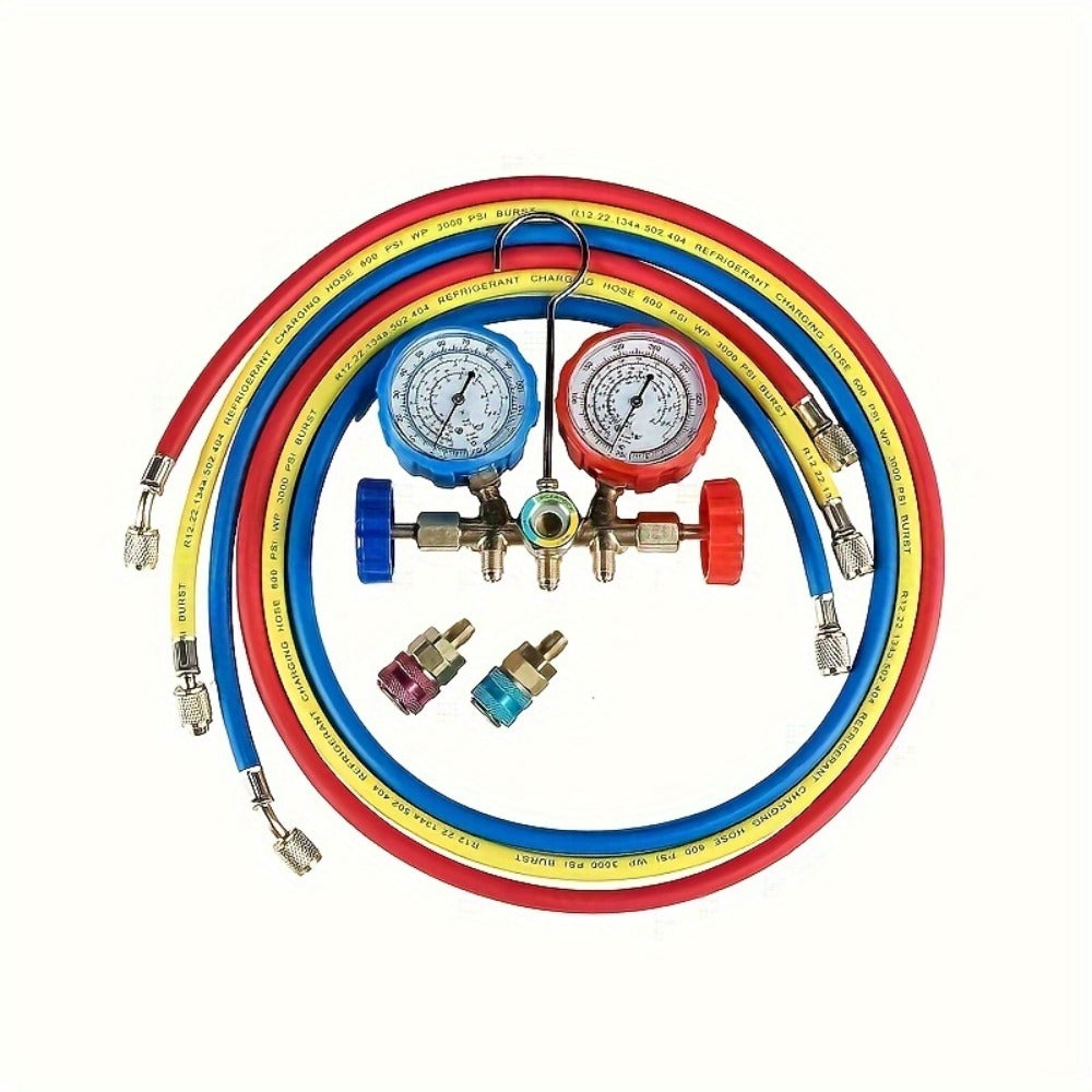 AC Manifold Gauge Set 3-Way with Color-Coded Hoses & Adapters for R134A R22 R12 R404A – HVAC Diagnostics A/C Recharge Leak Detection 0-500
