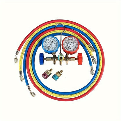 AC Manifold Gauge Set 3-Way with Color-Coded Hoses & Adapters for R134A R22 R12 R404A – HVAC Diagnostics A/C Recharge Leak Detection 0-500