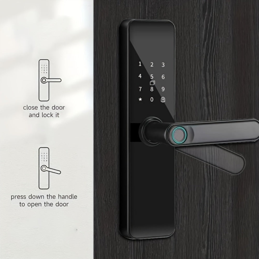 Smart Door Lock with Fingerprint Keypad Card App Access and Optional Camera Handle Models in Black