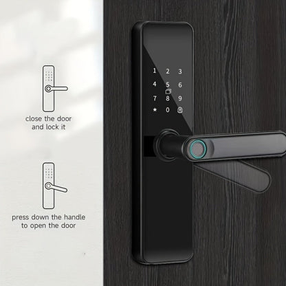 Smart Door Lock with Fingerprint Keypad Card App Access and Optional Camera Handle Models in Black