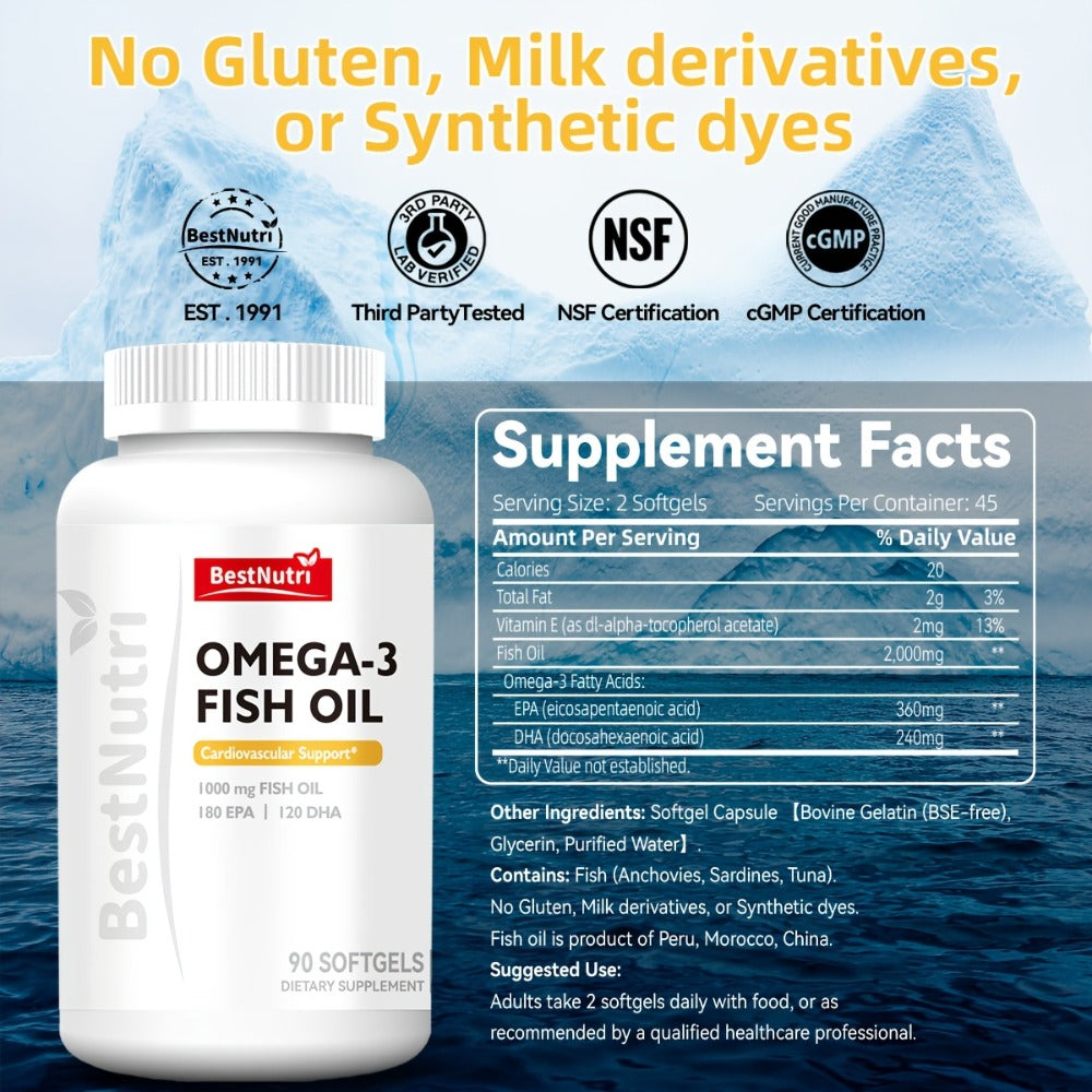 Omega-3 Fish Oil 2000mg Softgels with EPA & DHA, Cold-Extracted CGMP, Brain Vitality Heart Health Anti-Inflammatory Support