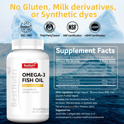 Omega-3 Fish Oil 2000mg Softgels with EPA & DHA, Cold-Extracted CGMP, Brain Vitality Heart Health Anti-Inflammatory Support
