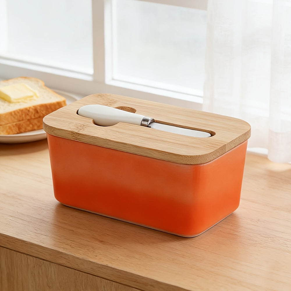 Ceramic Butter Dish with Lid and Knife, Large Countertop Butter Keeper, Airtight Seal, Easy-Clean Design