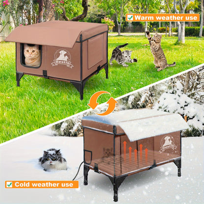 Heated Cat House 3-in-1 with Removable Warming Pad, Elevated Cat Bed for Indoor & Outdoor Cats, Chew-Resistant Cord, Double Door Cat Cave