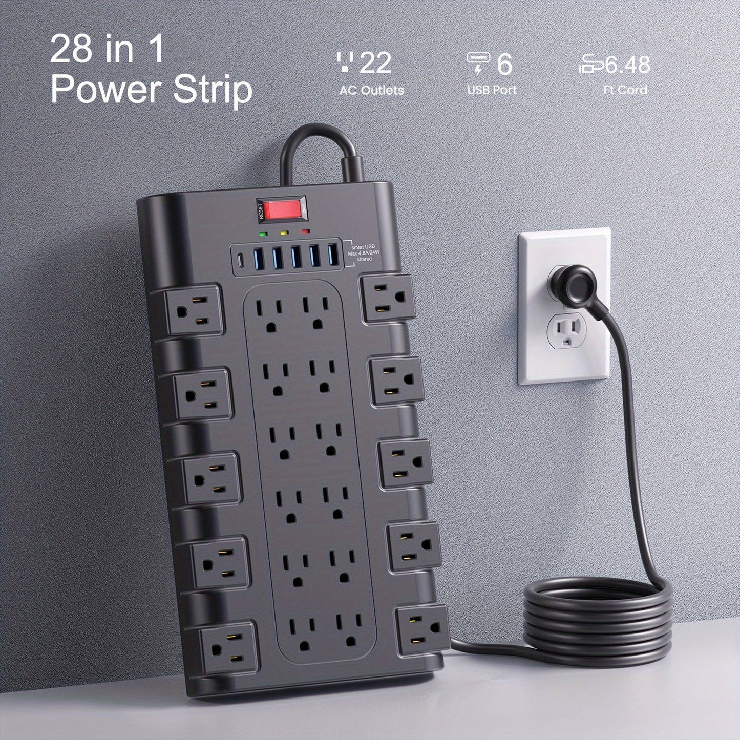 Power Strip 28-in-1 Surge Protector with 22 Widely Spaced AC Outlets, 5 USB-A, 2 USB-C and 2100J Rating