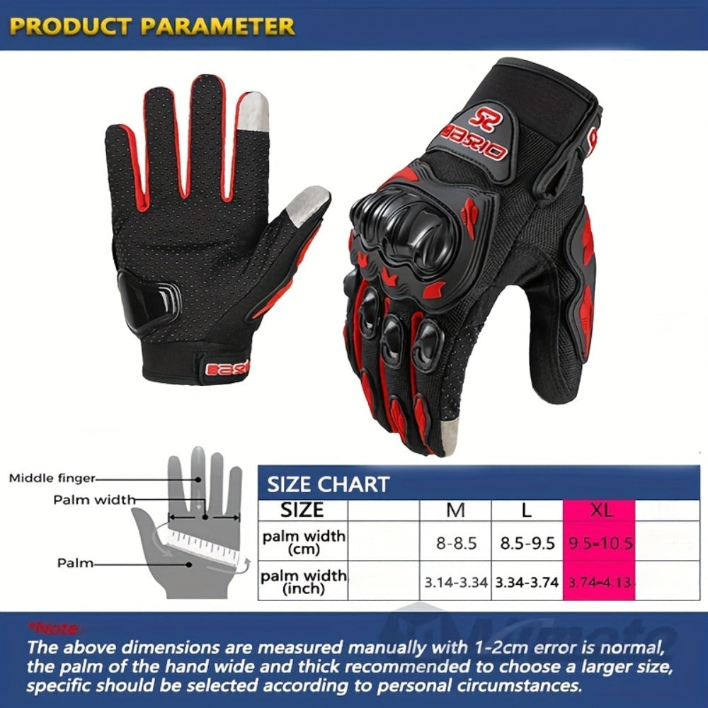 Full-Finger Motorcycle Gloves with Segmented Knuckle Shell, Wrist Tabs, Black or Red in M to XL