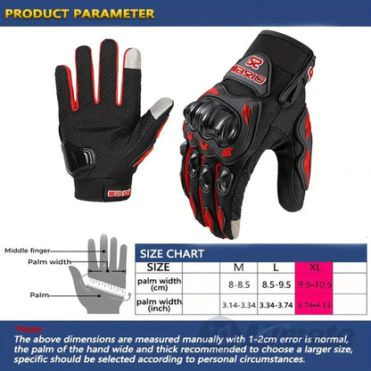 Full-Finger Motorcycle Gloves with Segmented Knuckle Shell, Wrist Tabs, Black or Red in M to XL