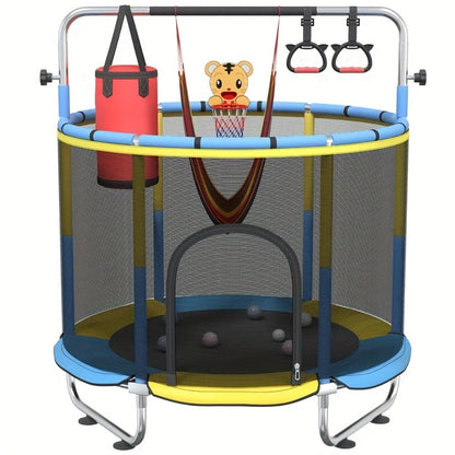 60 Inch Trampoline with Enclosure and Gymnastics Bar, Height Adjustable Indoor Outdoor Round Trampoline with Toys for Kids