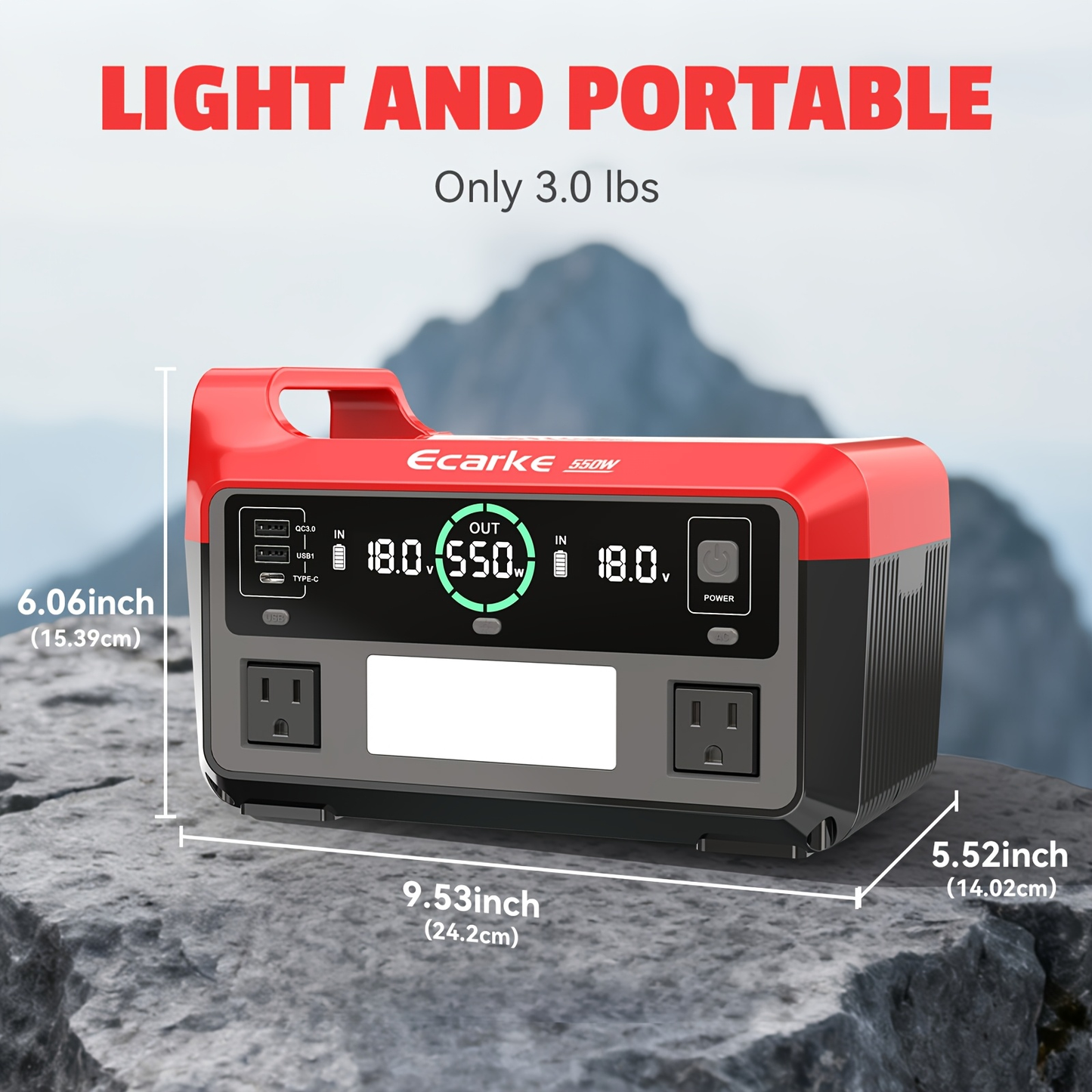 Pure Sine Wave Inverter 550W for 18V Battery - DC 18V to AC 110V, 2×USB-C 20W Fast Charge, 2×USB-A