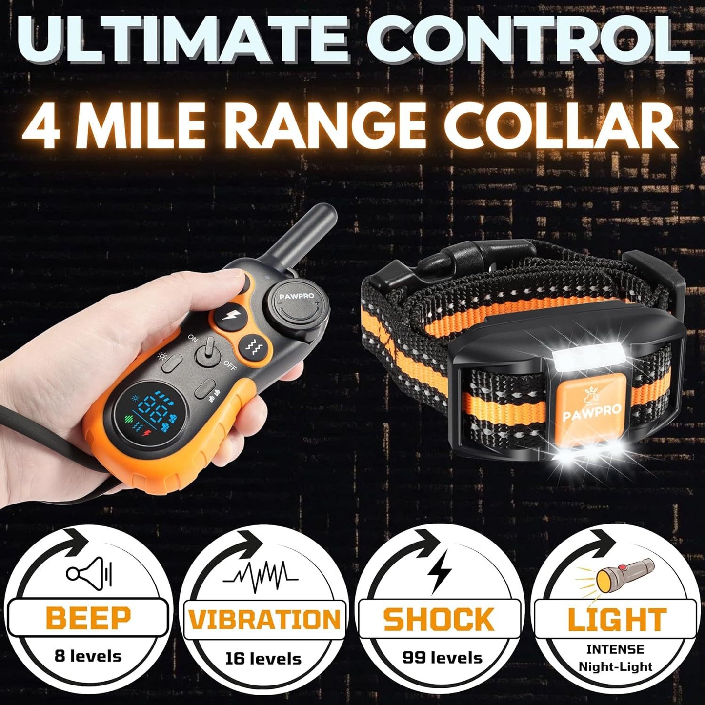 PAWPRO Dog Shock Collar 4-Mile Range Remote Training Collar – 124 Adjustable Levels, 4 Modes Beep Vibration Shock LED, Fits 5-135 lbs Dogs