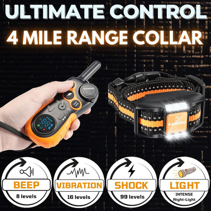 PAWPRO Dog Shock Collar 4-Mile Range Remote Training Collar – 124 Adjustable Levels, 4 Modes Beep Vibration Shock LED, Fits 5-135 lbs Dogs