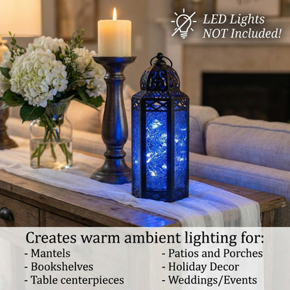 Moroccan Candle Lantern Holder - Decorative Metal & Glass Lantern with Embossed Floral Design for Indoor Home Decor