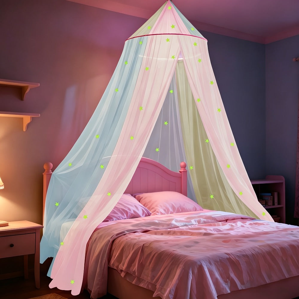 Bed Canopy for Girls Princess Rainbow Glow in the Dark Stars Colorful Canopy Curtain Fits for Entryways, Bedrooms and Living Spaces