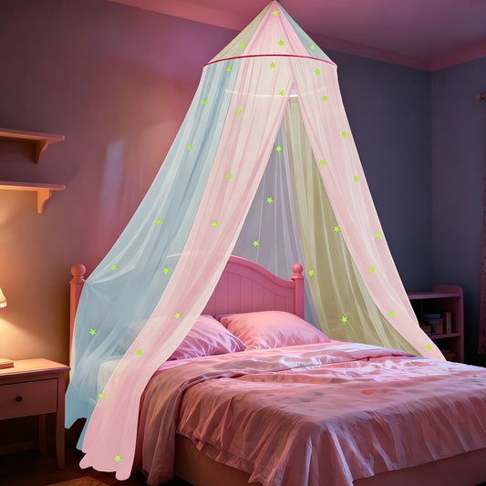 Bed Canopy for Girls Princess Rainbow Glow in the Dark Stars Colorful Canopy Curtain Fits for Entryways, Bedrooms and Living Spaces