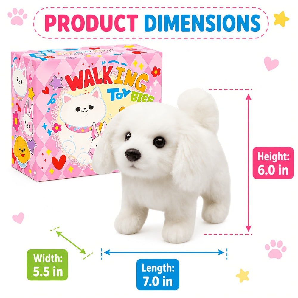 Plush Toy White Electronic Puppy with Walking, Barking, Tail-Wagging Action, Leash and Bow