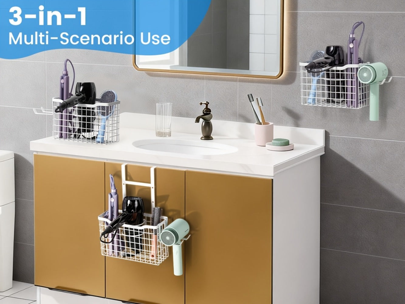 Hanging Hair Tool Organizer with Adjustable Mounting Height, Wire Basket and Black or White Finish