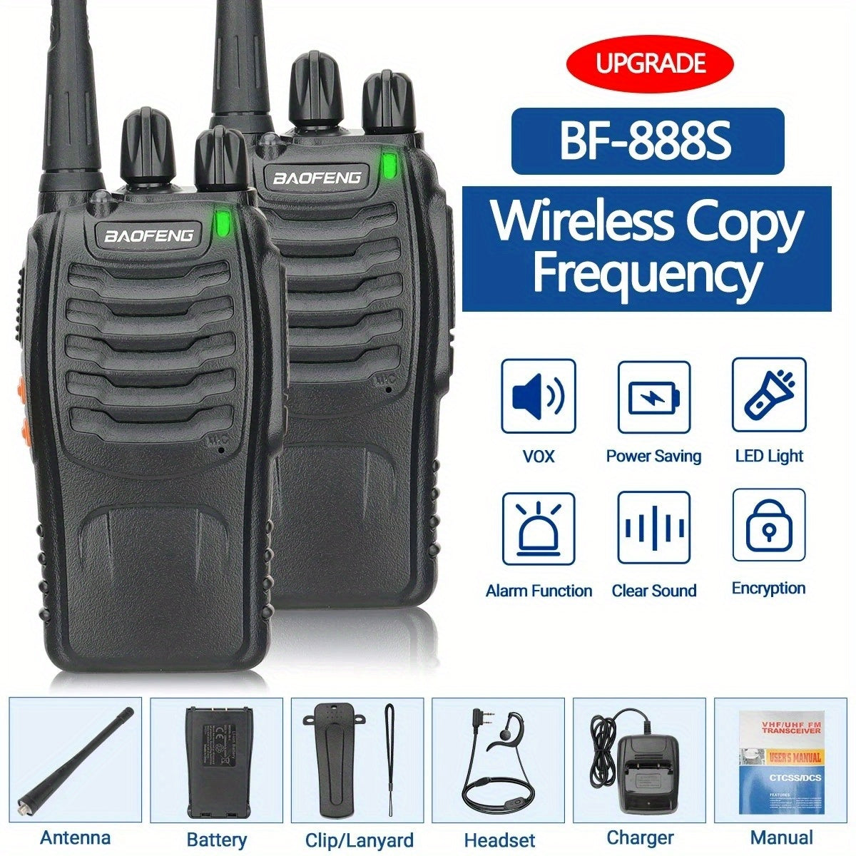 Baofeng BF-888S Walkie Talkie 2-Pack – Long Range UHF Two Way Radio, Wireless Frequency Copy, Portable Ham Radio for Hunting, Hiking