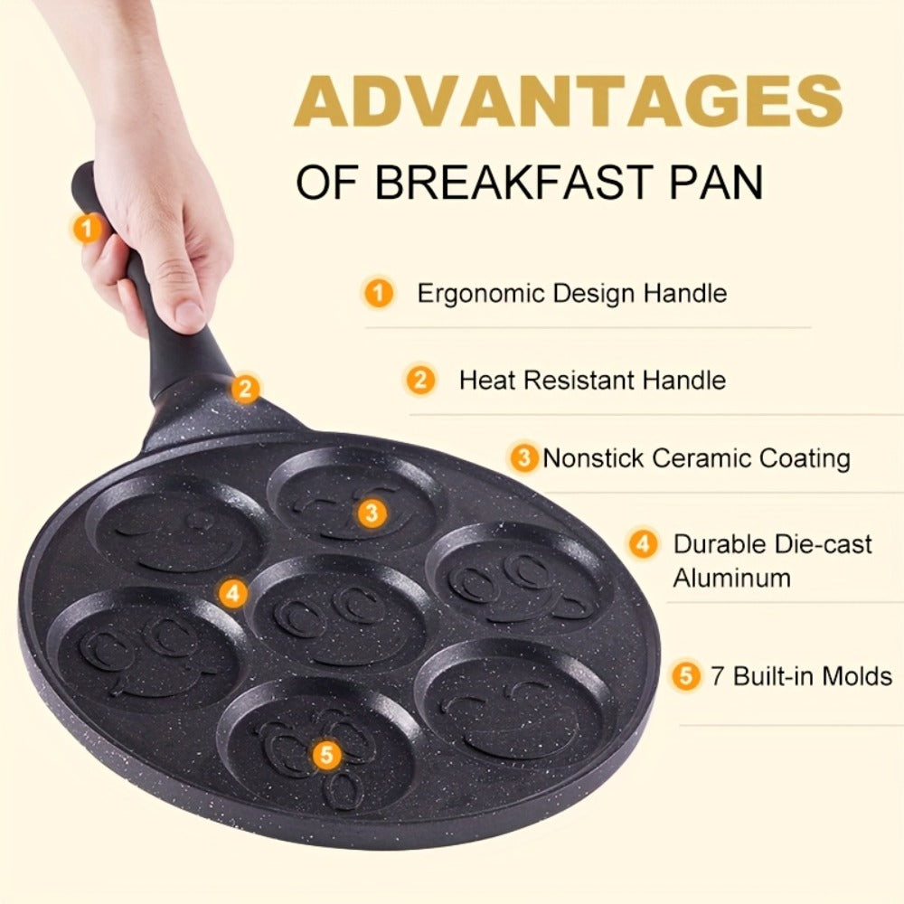 7-Hole Non-Stick Pancake Pan Smiley Face, Aluminum Alloy Breakfast Maker with Detachable Handle for Gas Stove
