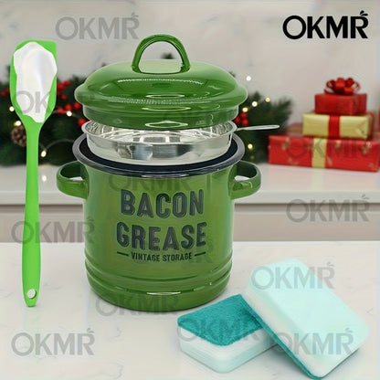 Bacon Grease Container with Lid, Large Grease Storage Can with Heat-Resistant Filter, Silicone Spatula & Cleaning Sponge Set