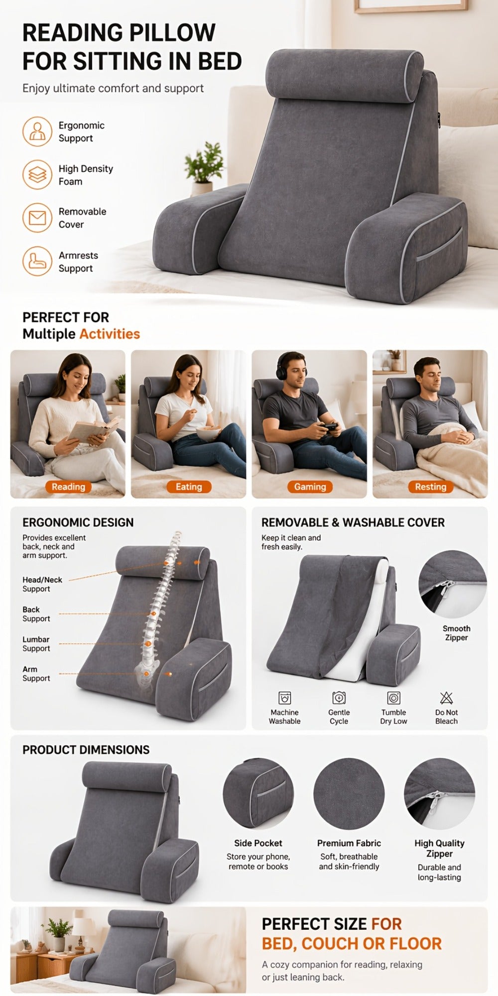 Reading Pillow for Adults Bed Rest Pillow with Arms 19 Inch Back Support Cushion Removable for Entryways, Bedrooms and Living Spaces