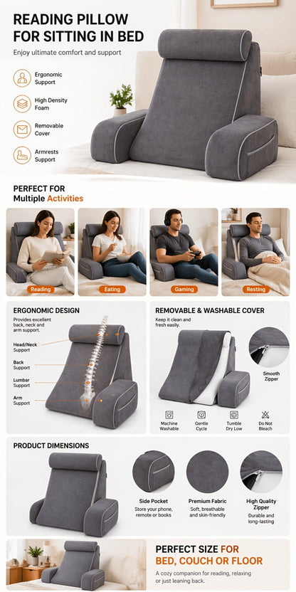 Reading Pillow for Adults Bed Rest Pillow with Arms 19 Inch Back Support Cushion Removable for Entryways, Bedrooms and Living Spaces