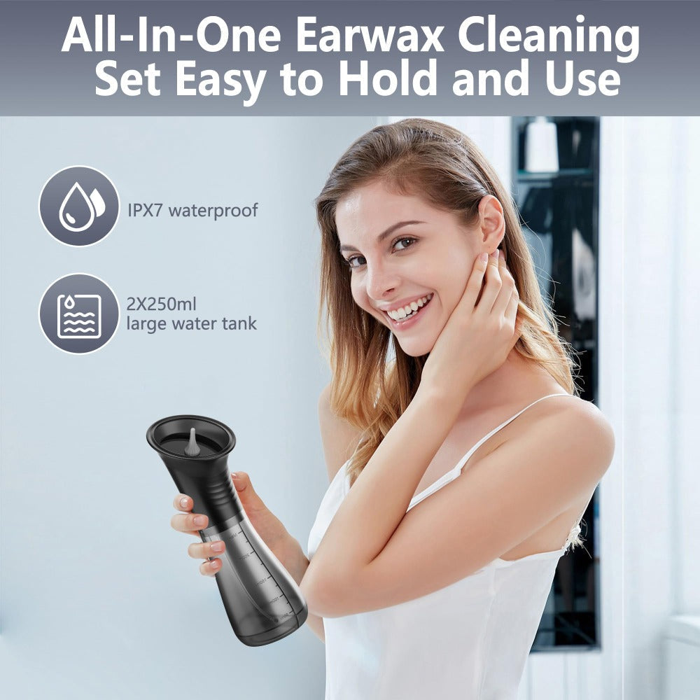 Electric Ear Wax Removal Kit with One-Piece Waste Tank – Water Temperature Sensor, 2000mAh Battery, LED Power Display