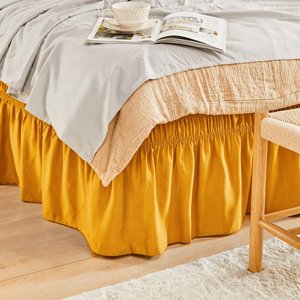 Bed Skirt Elastic Wrap Around Ruffle – 15 Inch Drop Microfiber Dust Ruffle, Adjustable No-Lift Fit, Fade Resistant Machine Washable
