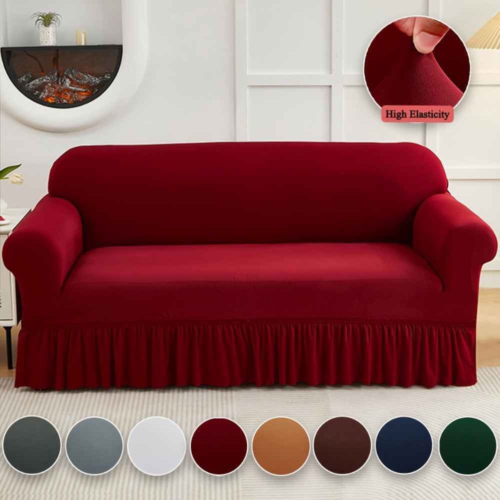 Sofa Cover Textured Skirted Full-Cover Slipcover with Elastic Stretch and Backing Detail for 3 or 4 Seats