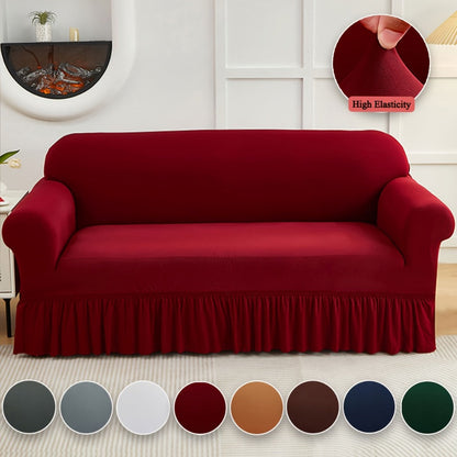 Sofa Cover Textured Skirted Full-Cover Slipcover with Elastic Stretch and Backing Detail for 3 or 4 Seats