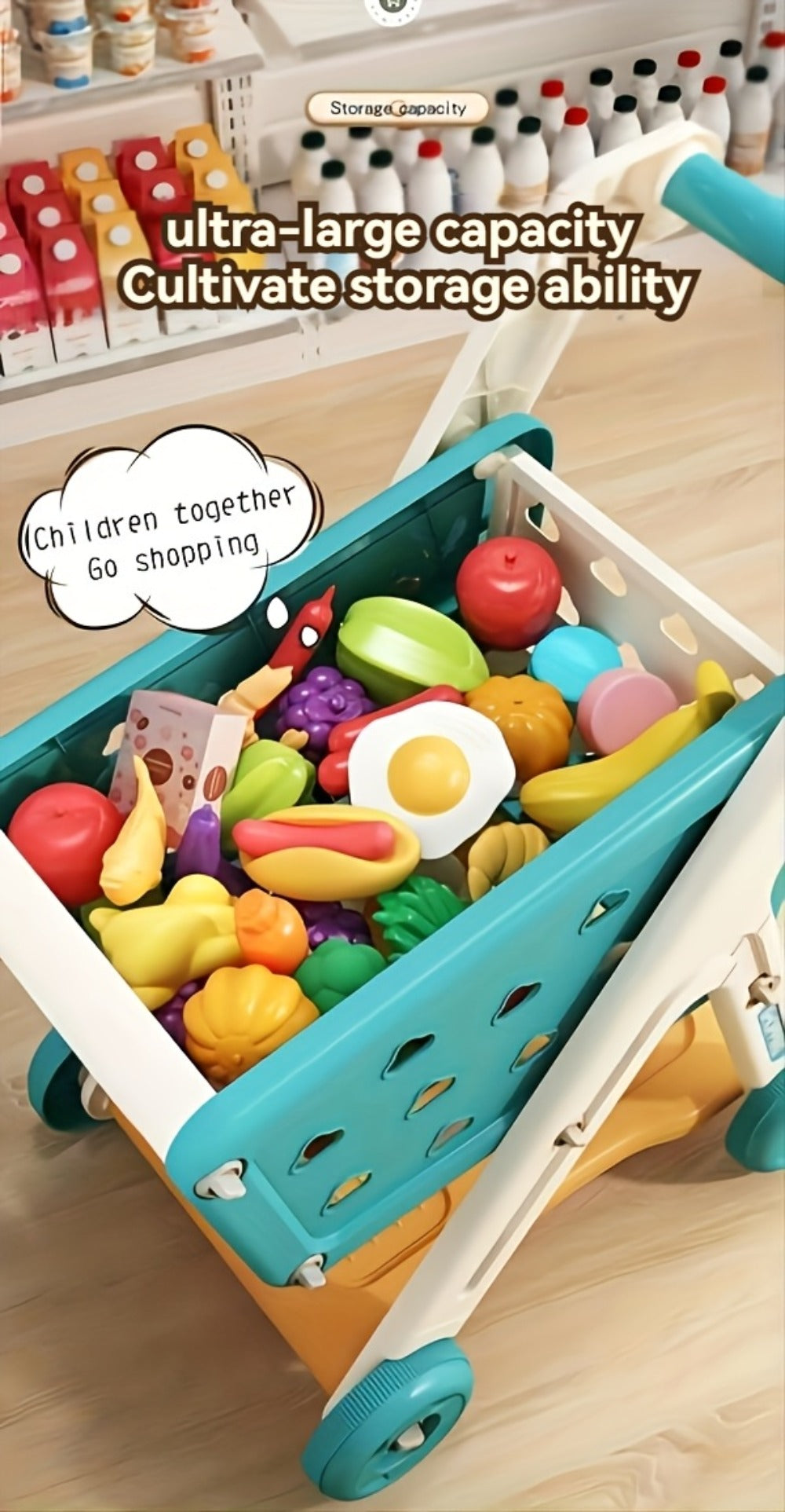 Kids Pretend Play Shopping Cart Toy Set with Realistic Food & Grocery Accessories, Supermarket Role Play for Toddlers Girls Boys Ages 3+
