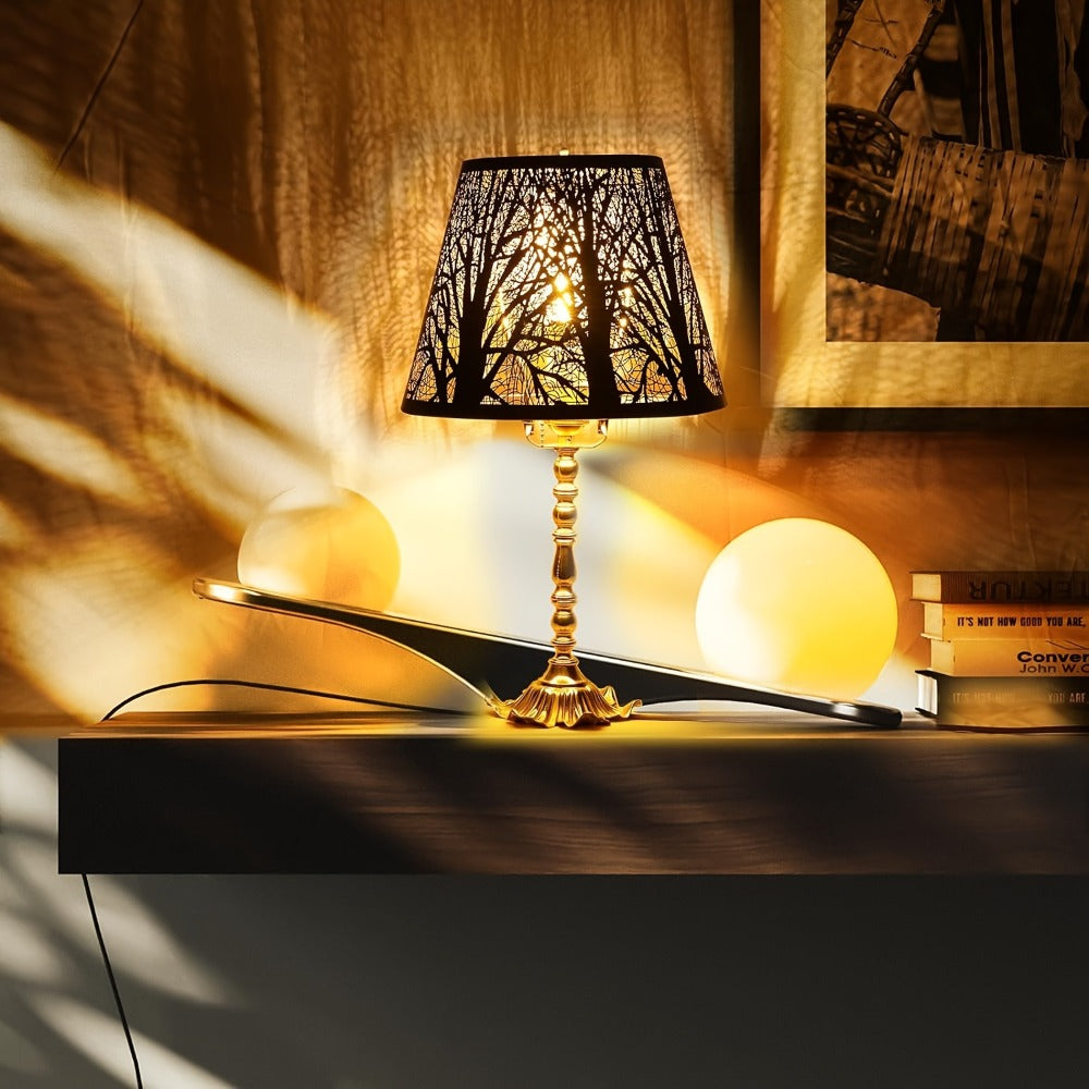 Metal Lampshade Etched Forest & Leaf Design | Black Exterior Gold Interior | Barrel Lamp Shade for Table Lamp & Floor Lamp |