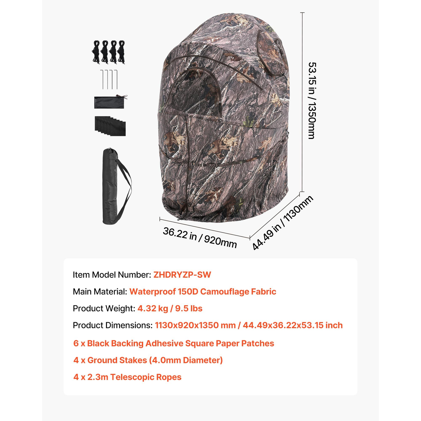 Hunting Blind Ground Blind for Deer Duck Turkey Hunting Single Person Pop Up Blind with Carrying Bag 44x36x53 In Camouflage Waterproof 150D