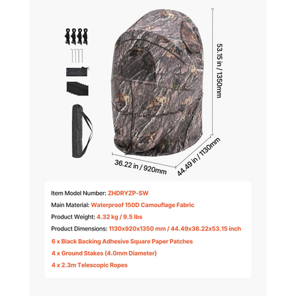 Hunting Blind Ground Blind for Deer Duck Turkey Hunting Single Person Pop Up Blind with Carrying Bag 44x36x53 In Camouflage Waterproof 150D