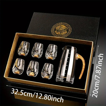24K Gold Plated Crystal Wine Set – 1 Decanter & 6 Cups with Leakproof Crystal Glasses – Elegant Black Gift Box – Luxury Home Bar