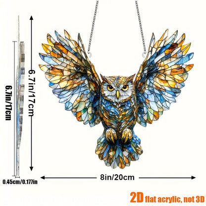 Owl Hanging Ornament Colorful Acrylic 6.7"x8", 2D Flat Animal Wall Art Decoration for Christmas Tree, Home, Office & Outdoor