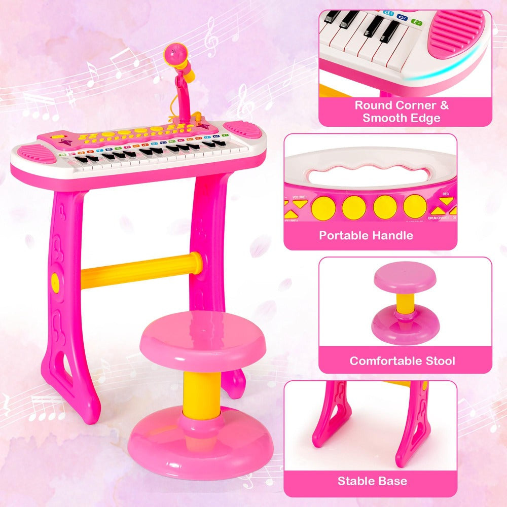 Kids Piano Keyboard Toy 31 Keys with Stool & Adjustable Microphone, Recording & Playback, Light Effects